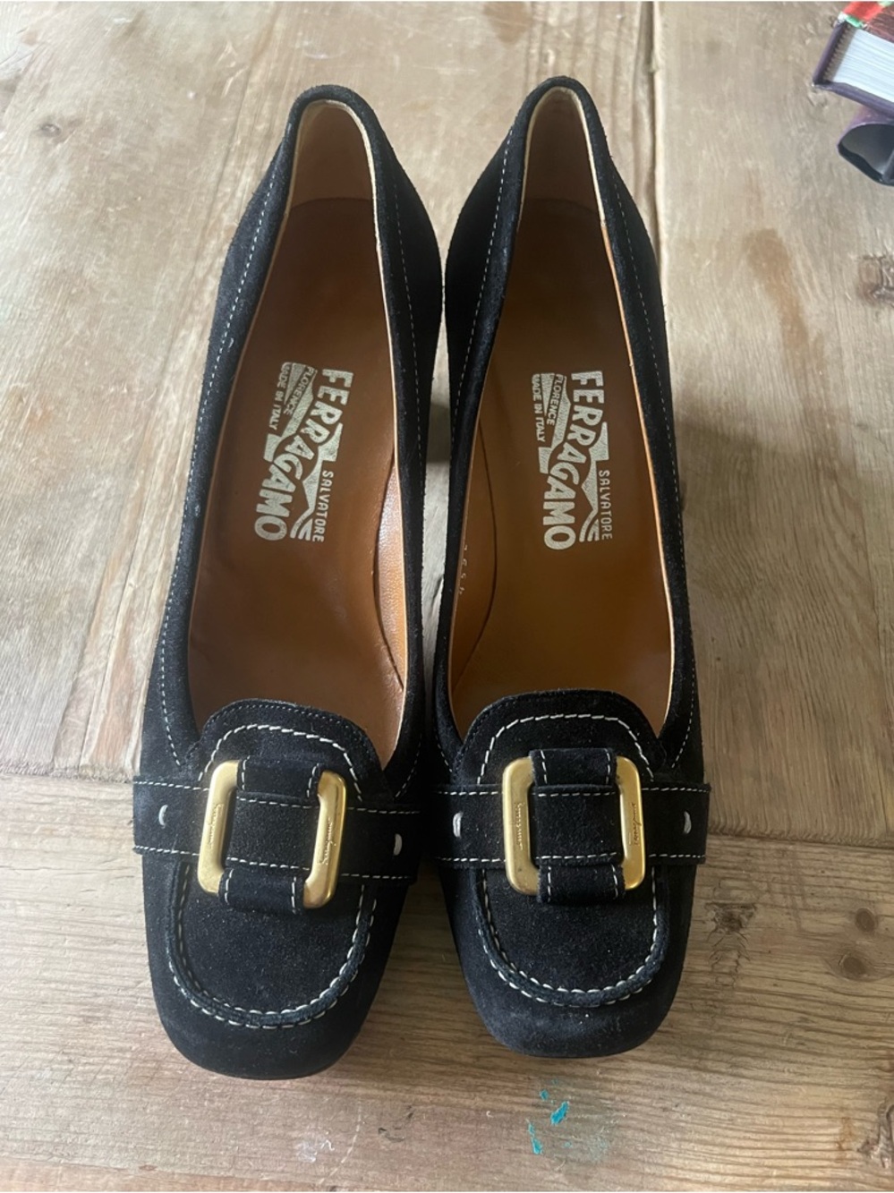 Salvatore Ferragamo Black Suede Block Heel Pumps with Gold Accent